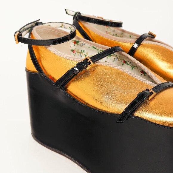 Gucci Gold & Black Patent Leather Hannelore Detachable Platform Flat - Picture 9 of 13